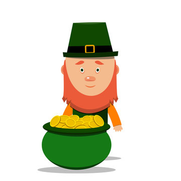 Happy St. Patrick's day. Cartoon leprechaun with a pot of gold on a white background
