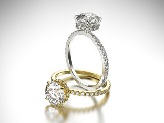 3D illustration two gold and silver rings with diamonds