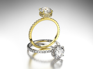 3D illustration two gold and silver rings with diamonds