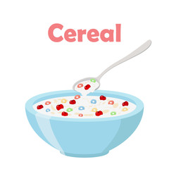 Cereal rings, cherry, spoon and bowl. Oatmeal breakfast with milk