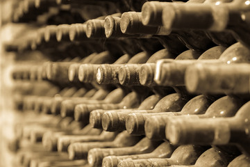 old wine bottles covered with dust and cobwebs