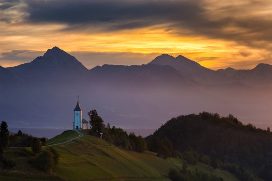 St. Primoz church in Yamnik at sunrise, Slovenia