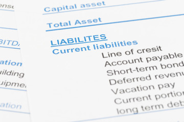 Obraz premium Liabilities in financial report book, document is mock-up