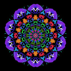 The circular multicolored ornament in the style of a mandala on a black background.