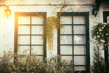 Outdoor retro, vintage window style with sunlight of sunset