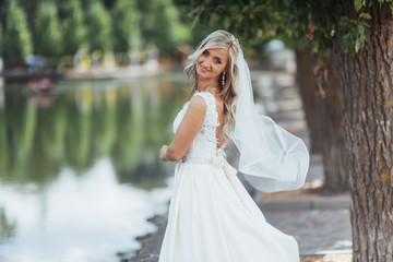 Fototapeta na wymiar Portrait of a happy bride posing with veil