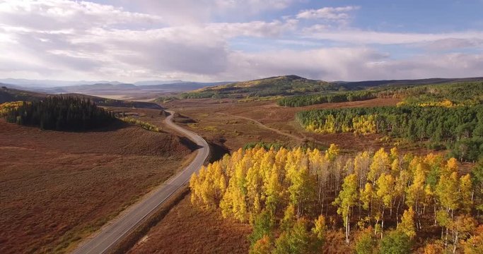 Over Aspen trees with cars driving, Aerial, 4K, 13s, 19of34, Aspen Trees, Foliage, Mountains, Beautiful Colors, Changing leaves, Colorado, Aerial, Stock Video Sale - Drone Discoveries llc.