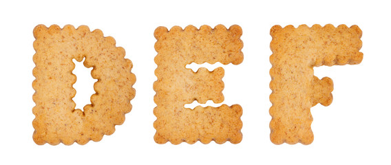Cookie alphabet symbols DEF isolated on white background. DEF from full alphabet set