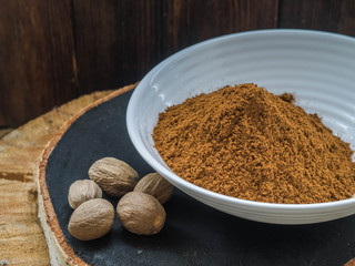 Ground nutmeg spice. Close up
