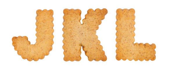 Cookie alphabet symbols JKL isolated on white background. JKL from full alphabet set