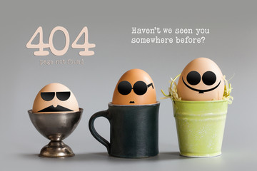 Error 404 page not found concept. Funny egg characters with black eye glasses sitting in cup...
