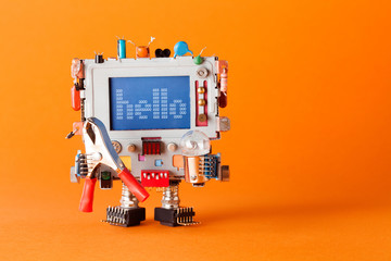 Friendly robot with funny monitor head. Colorful retro display character message hello on blue...