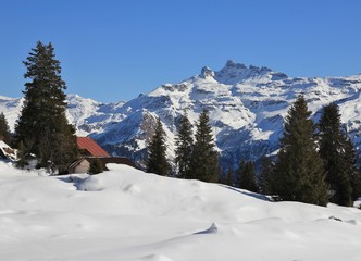 Fototapeta na wymiar Winter landscape in Braunwald, Switzerland