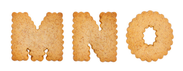 Cookie alphabet symbols MNO isolated on white background. MNO from full alphabet set