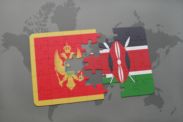 puzzle with the national flag of montenegro and kenya on a world map