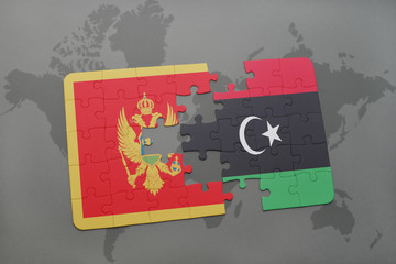 puzzle with the national flag of montenegro and libya on a world map