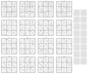 16 different sudokus with solutions