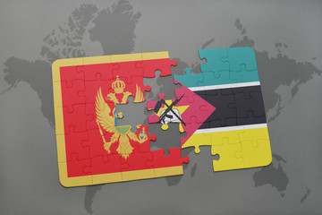 puzzle with the national flag of montenegro and mozambique on a world map