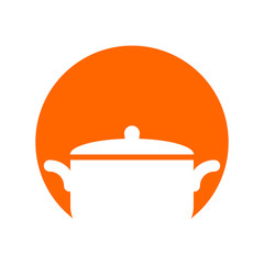 Icono plano olla en circulo naranja sobre fondo blanco