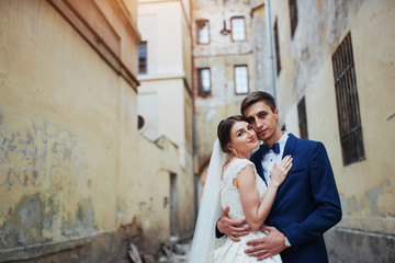 Fototapeta na wymiar Wedding portrait of a happy couple. Stand and kissing