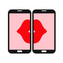 Icono plano smartphones con labios rosa en fondo blanco