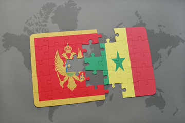 puzzle with the national flag of montenegro and senegal on a world map