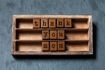 Thank you mom quote. Mothers day concept, retro greeting card. Vintage box, wooden cubes phrase...