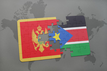 puzzle with the national flag of montenegro and south sudan on a world map