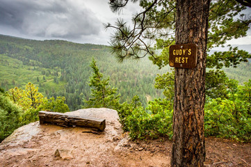 View point "Gudy's Rest" at Colorado Trail near Durango at a rainy day at Junction Creek National Forest, Co, USA
