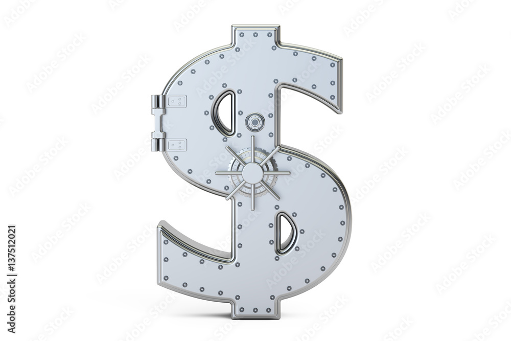 Aufkleber combination safe box in shape of sign dollar, 3d rendering
