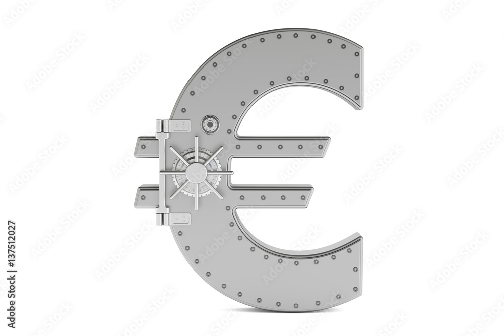 Poster combination safe box in shape of symbol euro, 3d rendering