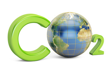 CO2 inscription with globe, pollution concept. 3D rendering