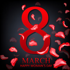 Fototapeta premium Women day background with rose petals on black background. 8 March invitation card. Vector illustration