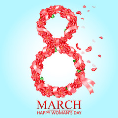 Vector greeting card with pink flowers and ribbon. 8 march - Happy woman's day