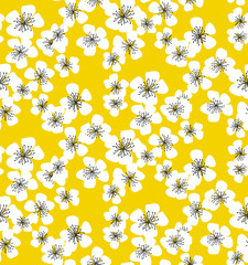 Materiał do szycia sakura blossom seamless pattern on sunny yellow background. elegant naive spring floral design element for invitation, card, poster, greetings, wedding.