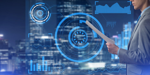 Digital background with infographs and man extending papers or contract