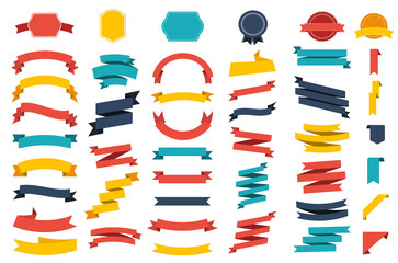 Ribbon vector icon set red color on white background. Banner isolated shapes illustration of gift and accessory. Christmas sticker and decoration for app and web. Label, badge and borders collection.