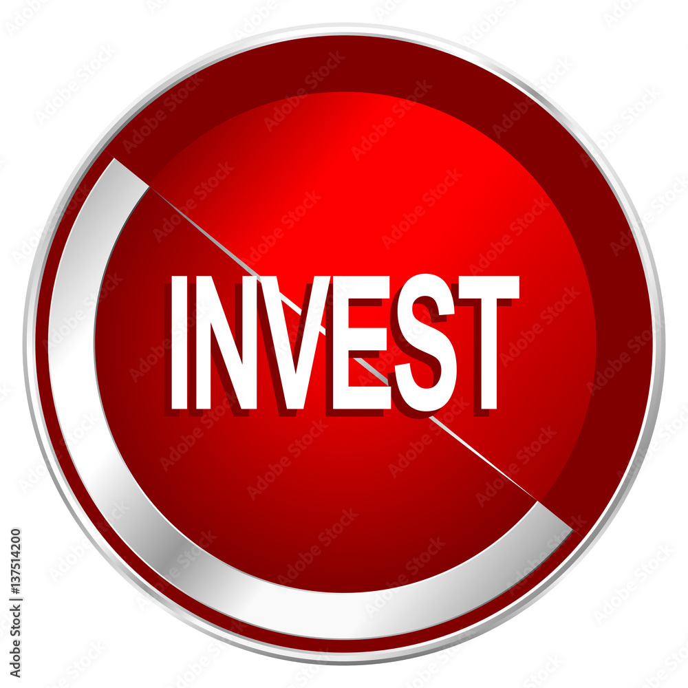 Poster invest red web icon. metal shine silver chrome border round button isolated on white background. cir