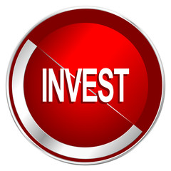 Invest red web icon. Metal shine silver chrome border round button isolated on white background. Circle modern design abstract sign for smartphone applications.