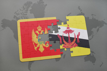 puzzle with the national flag of montenegro and brunei on a world map