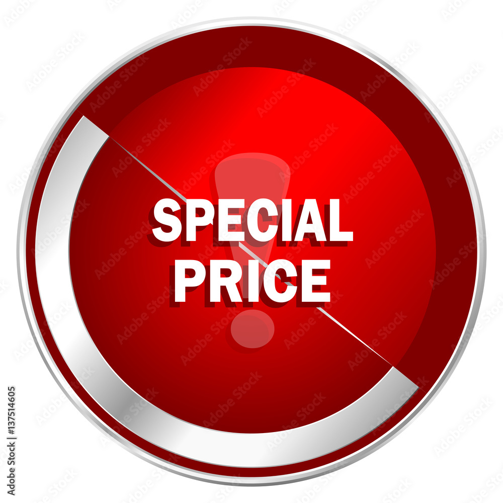 Poster special price red web icon. metal shine silver chrome border round button isolated on white backgrou