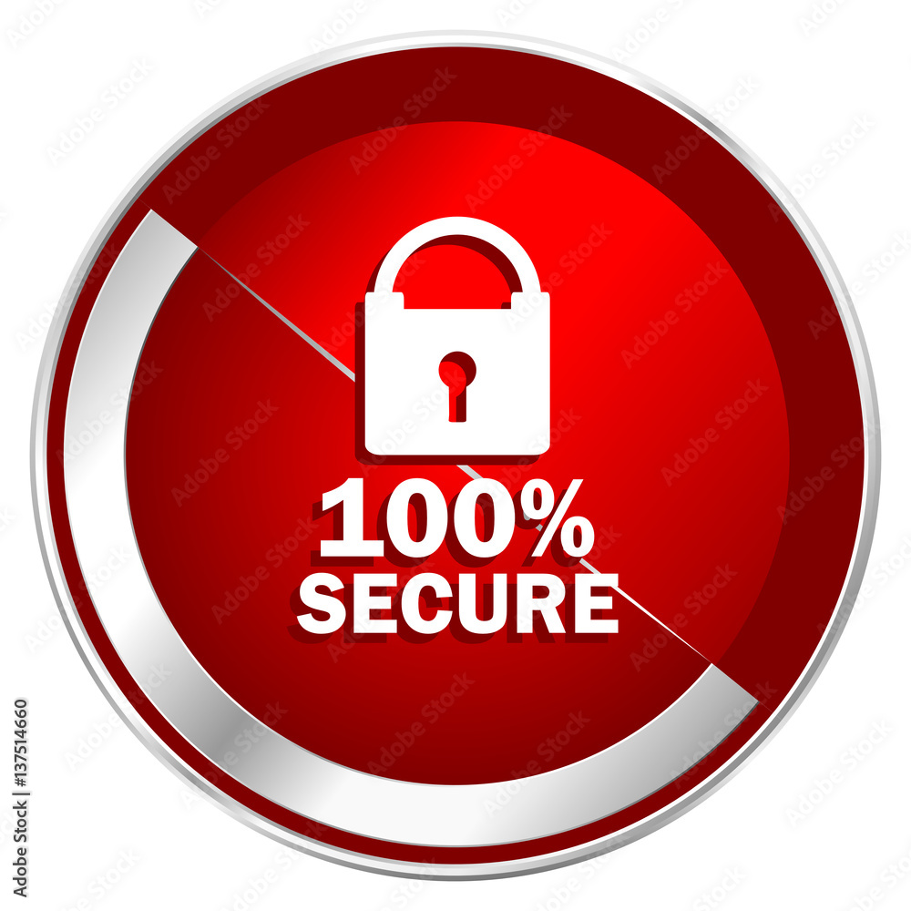 Poster Secure red web icon. Metal shine silver chrome border round button isolated on white background. Circle modern design abstract sign for smartphone applications.
