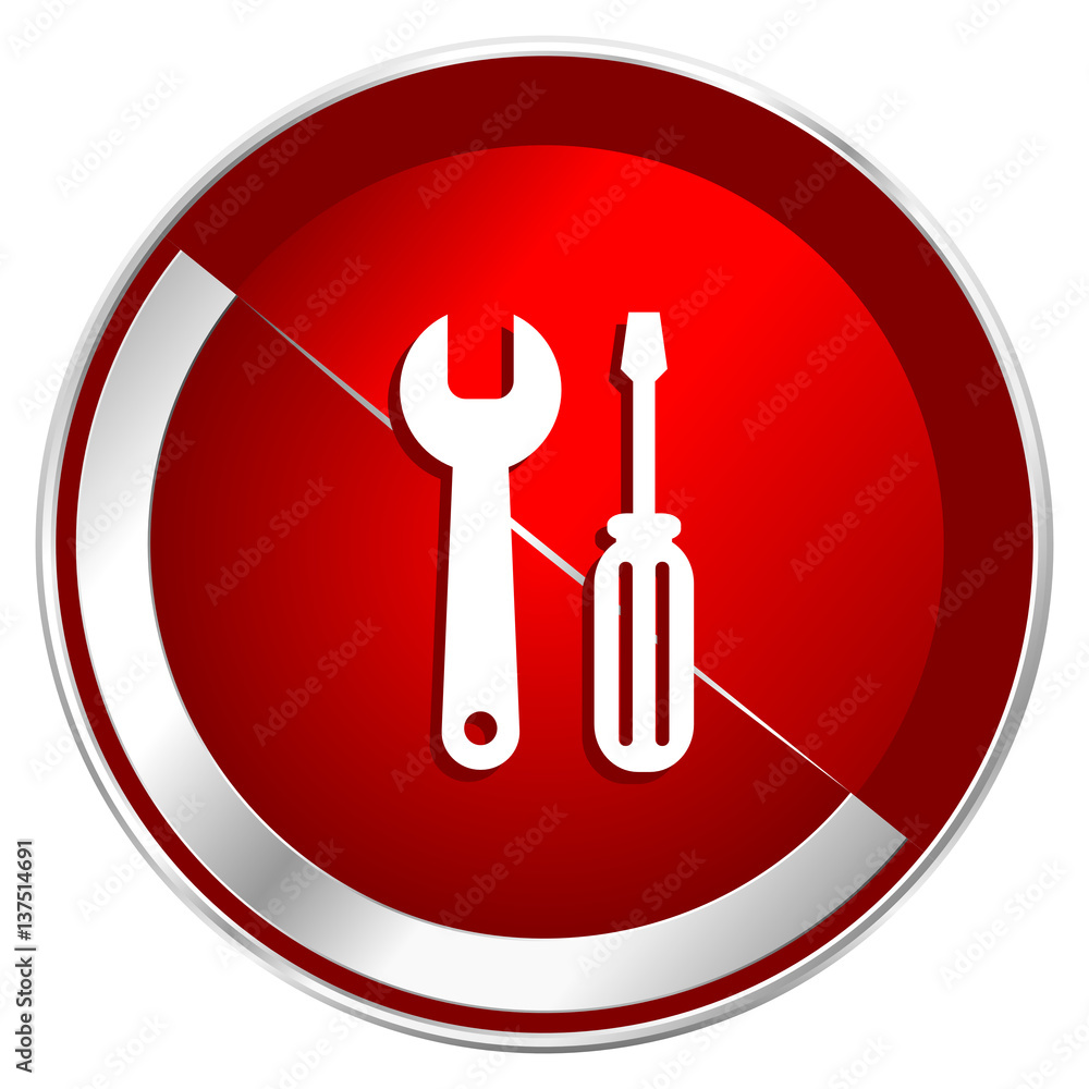 Aufkleber Tool red web icon. Metal shine silver chrome border round button isolated on white background. Circle modern design abstract sign for smartphone applications.