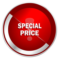 Special price red web icon. Metal shine silver chrome border round button isolated on white background. Circle modern design abstract sign for smartphone applications.