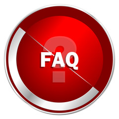 Faq red web icon. Metal shine silver chrome border round button isolated on white background. Circle modern design abstract sign for smartphone applications.