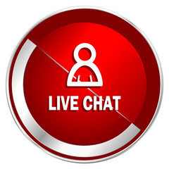 Live chat red web icon. Metal shine silver chrome border round button isolated on white background. Circle modern design abstract sign for smartphone applications.