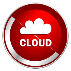 Cloud red web icon. Metal shine silver chrome border round button isolated on white background. Circle modern design abstract sign for smartphone applications.