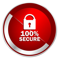 Secure red web icon. Metal shine silver chrome border round button isolated on white background. Circle modern design abstract sign for smartphone applications.