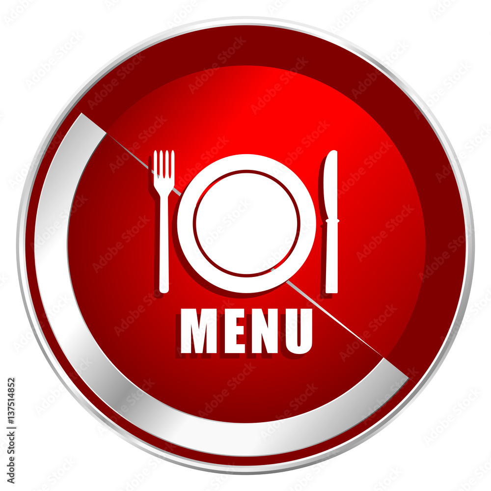 Aufkleber Menu red web icon. Metal shine silver chrome border round button isolated on white background. Circle modern design abstract sign for smartphone applications.