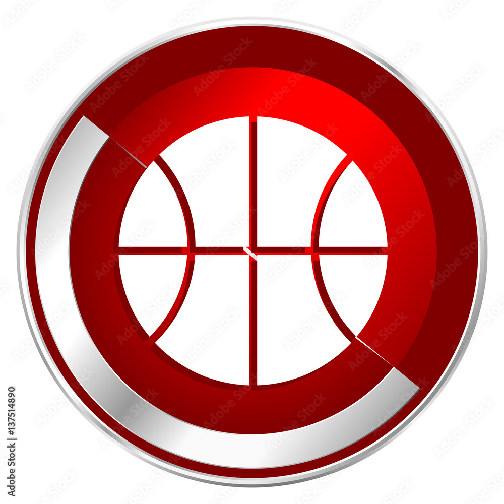 Poster ball red web icon. metal shine silver chrome border round button isolated on white background. circl